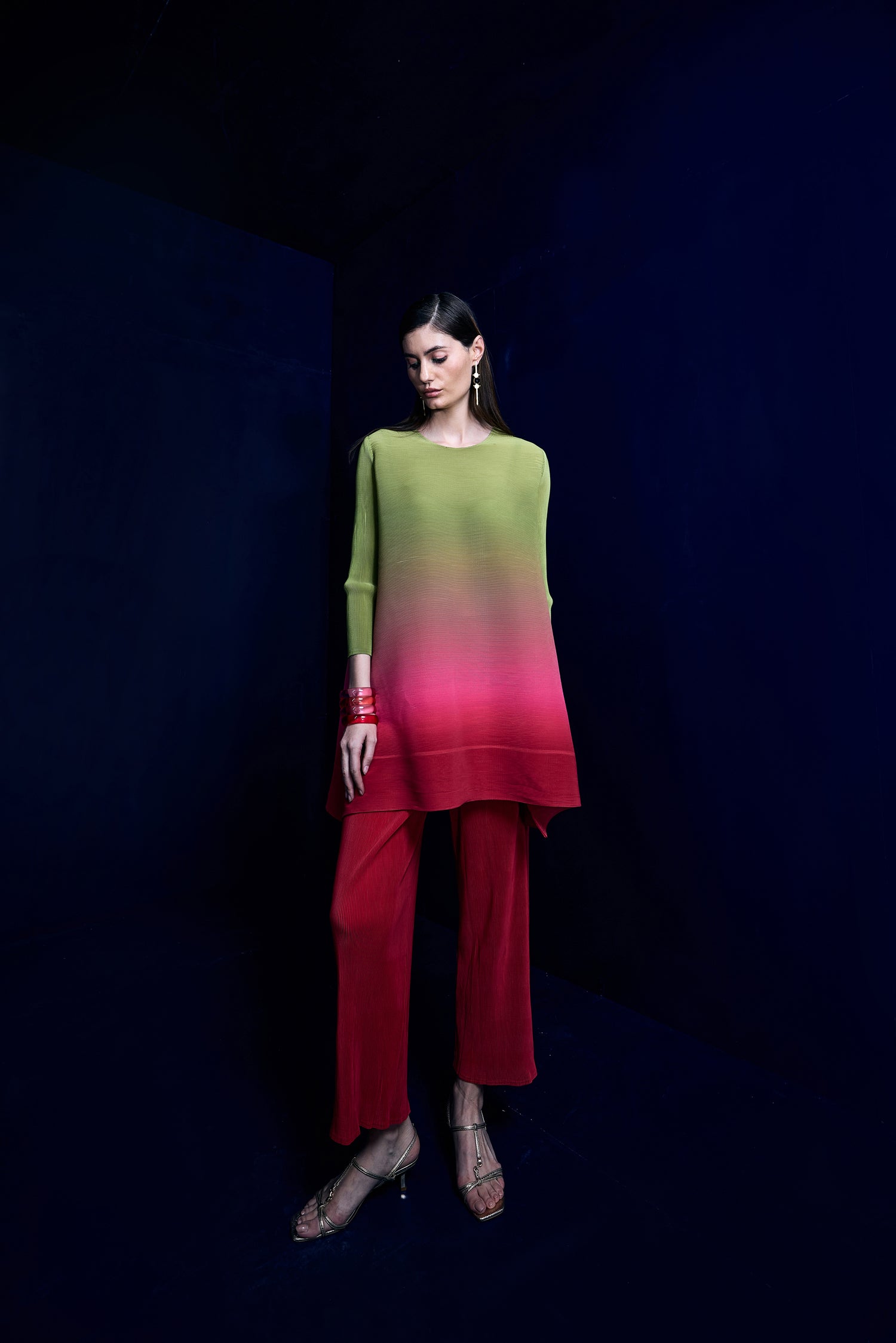 Green to Pink Ombre Pleated Co Ords Set