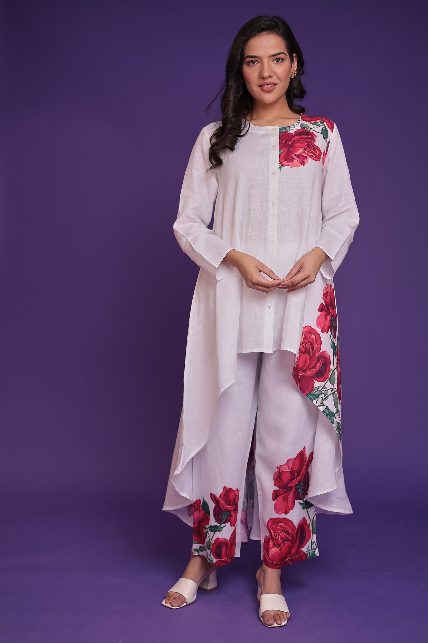 Floral Print Pure Linen Kurta Set with Asymmterical cut